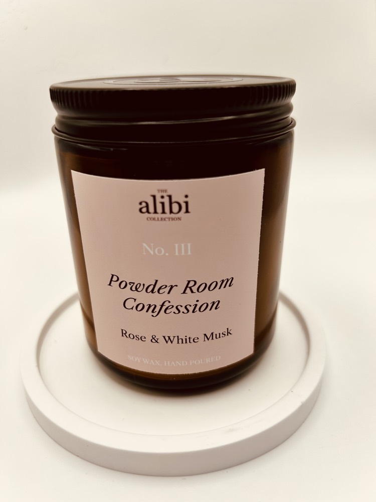 Powder Room Confession candle, lid on