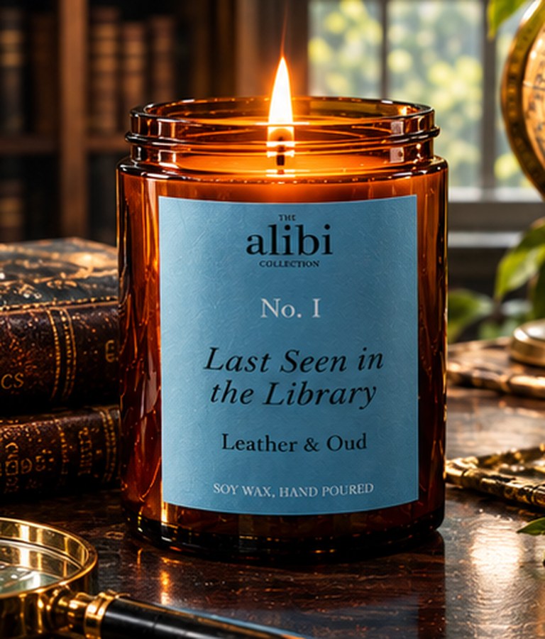 Last Seen in the Library candle burning on a stack of antique books