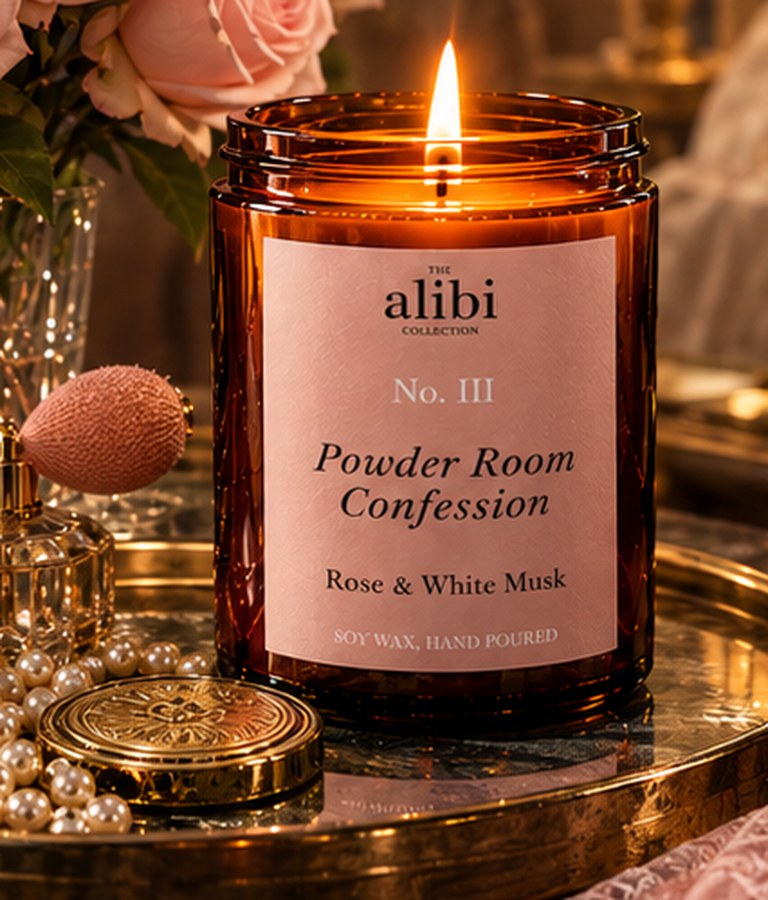 Powder Room Confession candle on marble beside a hand mirror and perfume bottle